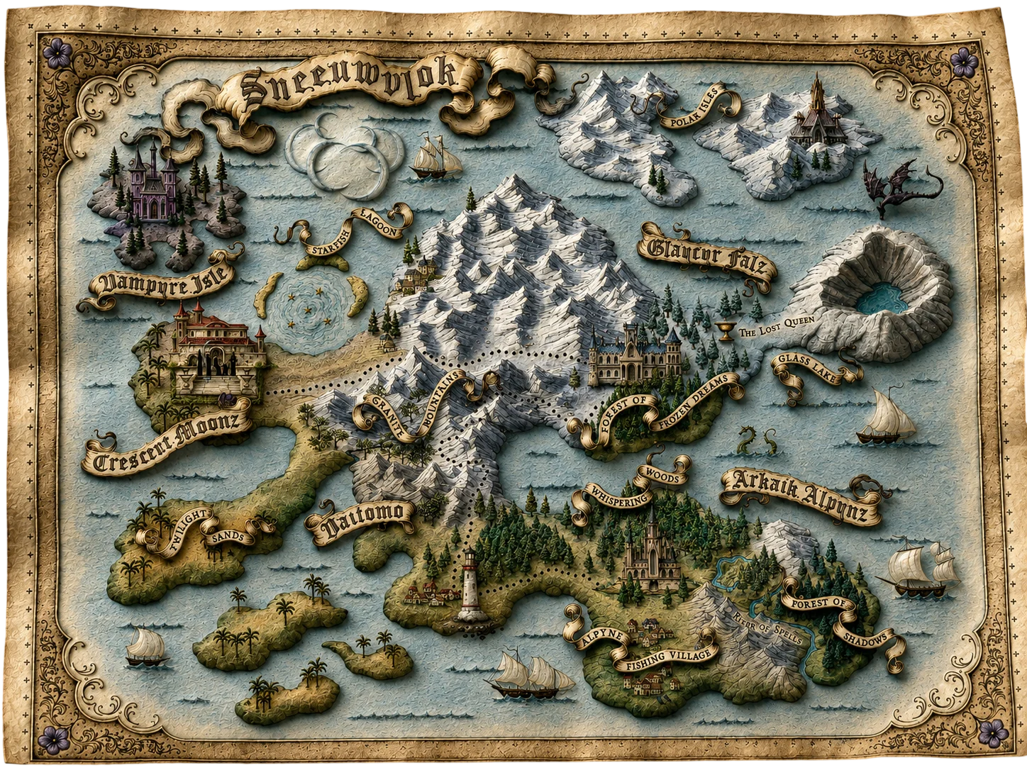 Illustrated map of the Sneeuwvlok world